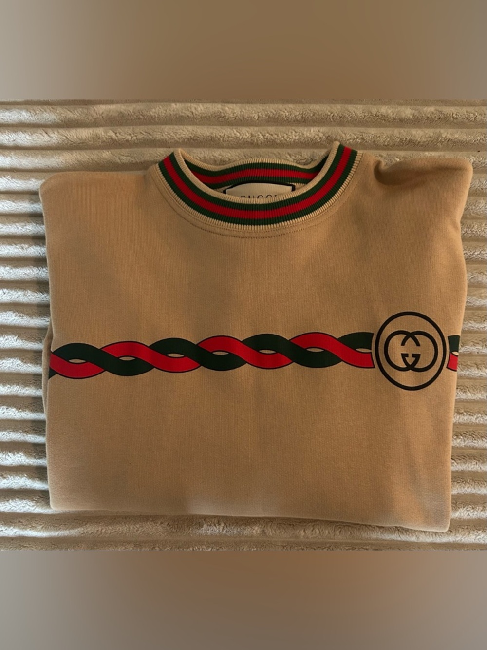 Gucci Beige Crewneck Sweater with Red and Green Rope-Design Trim